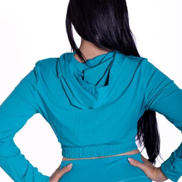 Long Sleeve Hoodie Turquoise Crop Top And High Waisted Legging Set - Picture 6 of 7